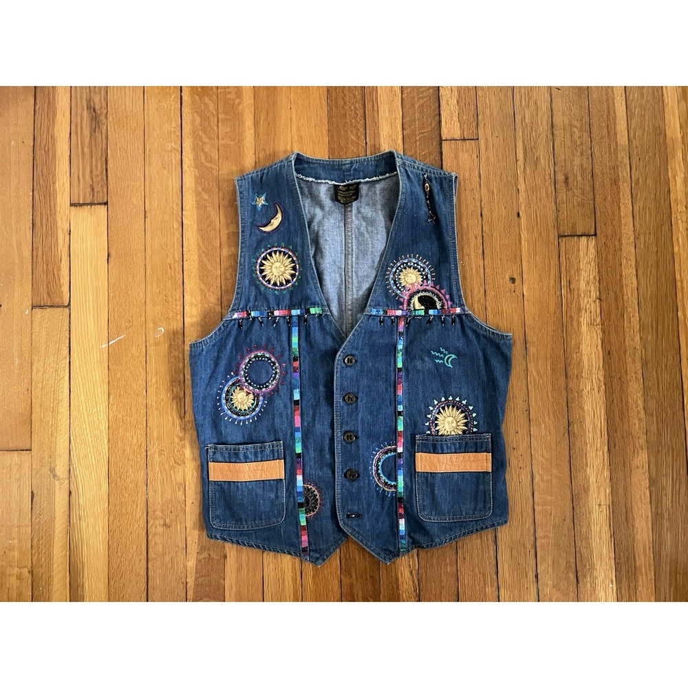 Vintage Sears Jeans Joint Denim Vest 40T Blue Sun Moon Embroidered Colorful